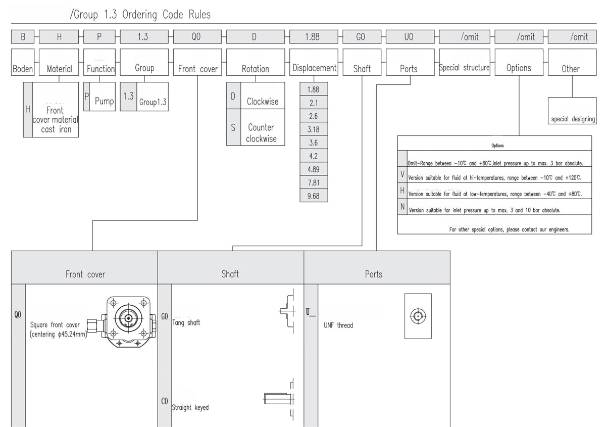 Group 1.3 External Gear Pump Regras para códigos de encomenda